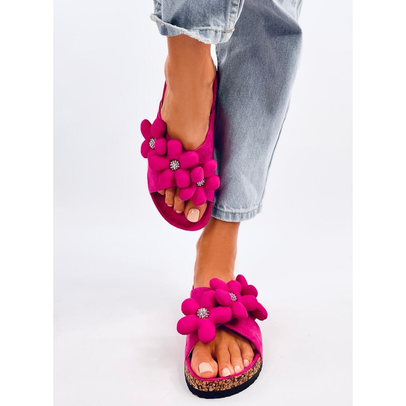 Charss Chanclas de corcho fucsia con flores cojín rosa 1
