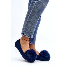 Mocasines azules de las mujeres con pelaje y pompom 1