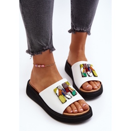 Vinceza Chanclas de Mujer de Piel con Adorno de Asames Blanco 6