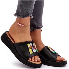 Vinceza Chanclas de Mujer de Piel con Adorno de Asames Negro 9
