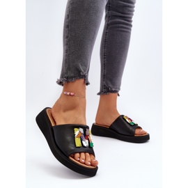 Vinceza Chanclas de Mujer de Piel con Adorno de Asames Negro 3
