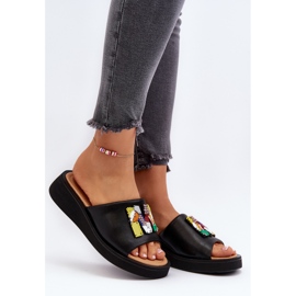 Vinceza Chanclas de Mujer de Piel con Adorno de Asames Negro 2