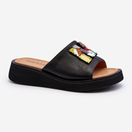 Vinceza Chanclas de Mujer de Piel con Adorno de Asames Negro 1