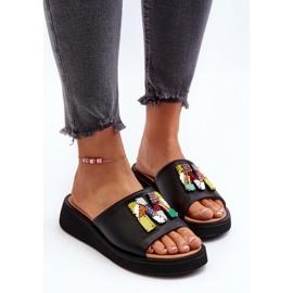 Vinceza Chanclas de Mujer de Piel con Adorno de Asames Negro 6