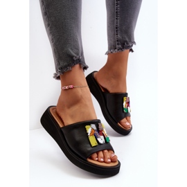 Vinceza Chanclas de Mujer de Piel con Adorno de Asames Negro 8