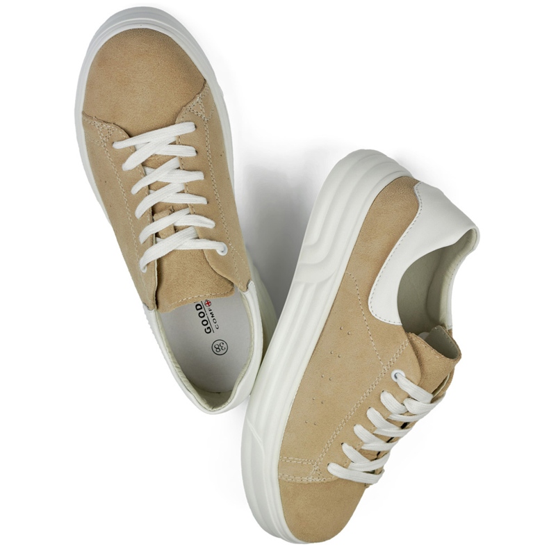 Zapatos de mujer de piel con suela plana, beige. 1