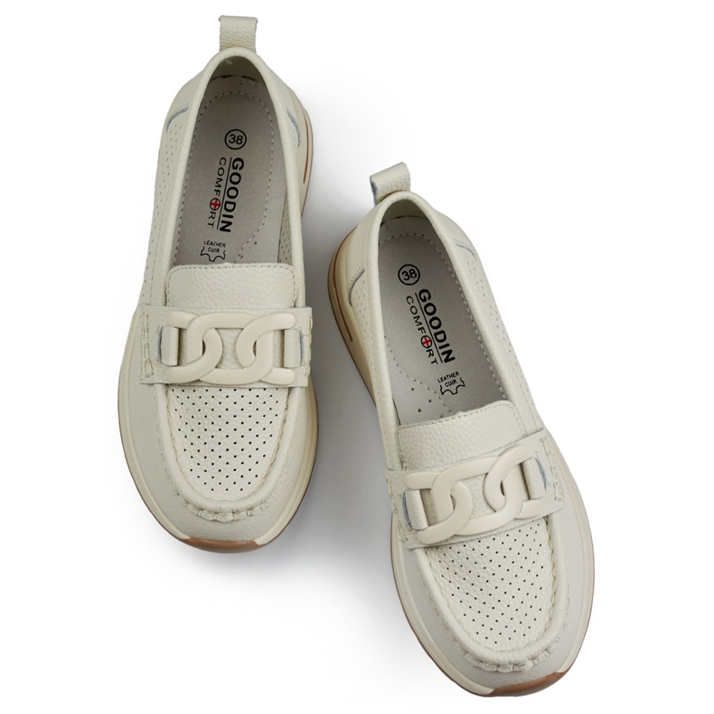 Mocasines mujer cómodos de piel, zapatos de mujer calados beige fabricados en piel natural 1