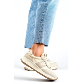 Zapatillas mujer beige, deportivas de piel para mujer. 3