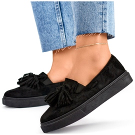 Zapatos de mujer negros con flecos, mocasines negros con flecos. 1