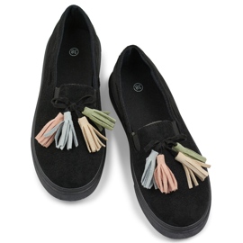 Zapatos de mujer negros con flecos de colores, mocasines negros con flecos 1 Zapatos de mujer negros con flecos de colores, mocasines negros con flecos 1