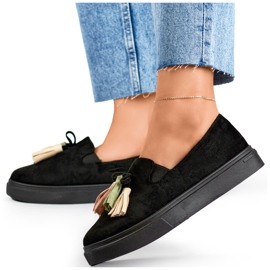 Zapatos de mujer negros con flecos de colores, mocasines negros con flecos 4