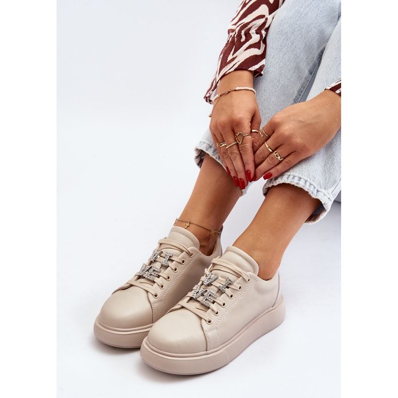 Vinceza Zapatillas De Mujer De Piel Con Adornos Beige Dysuria 1