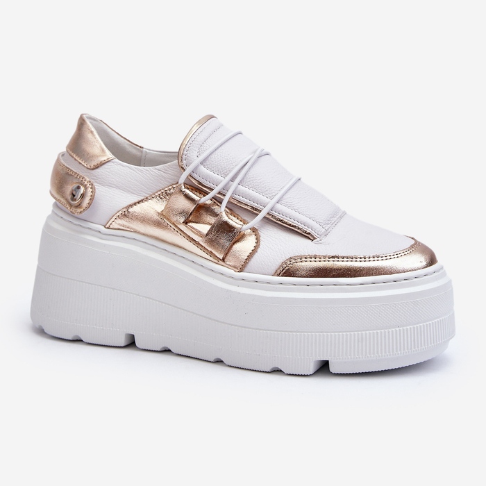 Zazoo 1833 Zapatillas de mujer de piel con suela maciza, blanco y dorado 1