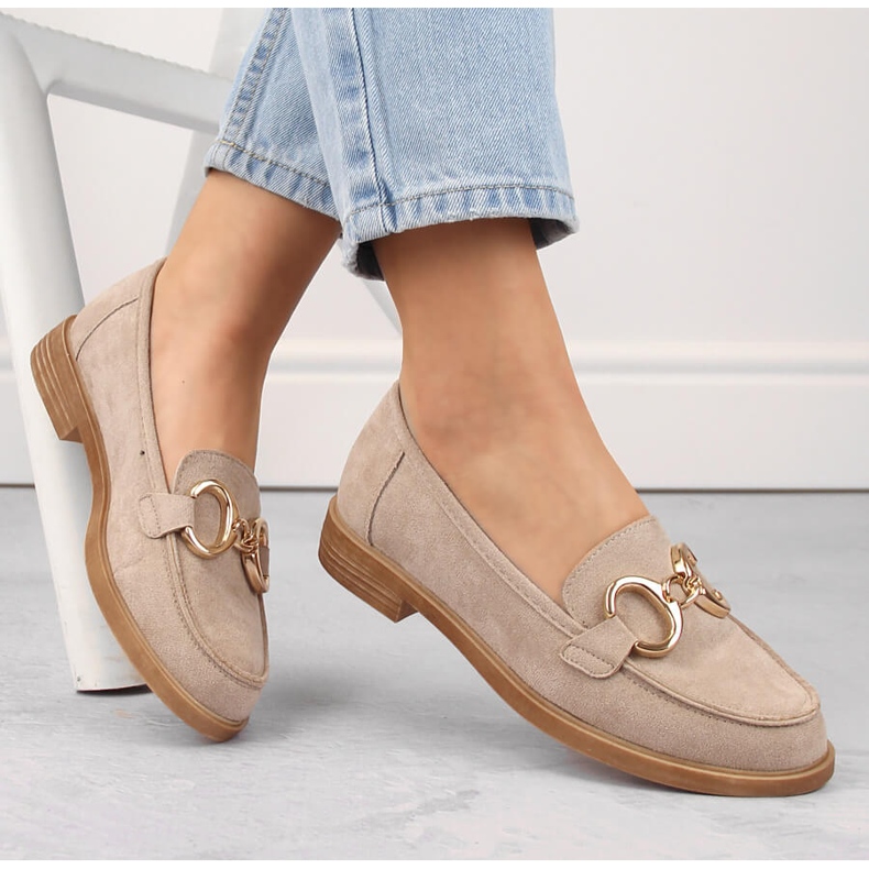 Zapatos mujer ante, mocasines tacón bajo, beige Vinceza 58235 1