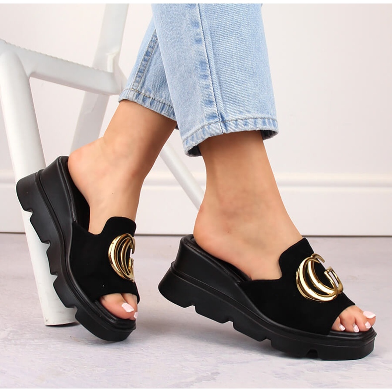 Zapatillas de casa con cuña para mujer en ante, negro, Vinceza 58295 1