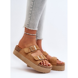 Chanclas de mujer Camel Lolpey con plataforma y hebillas marrón 2