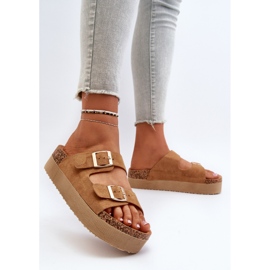 Chanclas de mujer Camel Lolpey con plataforma y hebillas marrón 3