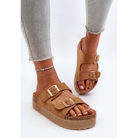 Chanclas de mujer Camel Lolpey con plataforma y hebillas marrón 4