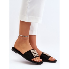 Chanclas de mujer de tacón plano con decoración, negro Inaile 4