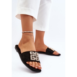 Chanclas de mujer de tacón plano con decoración, negro Inaile 5