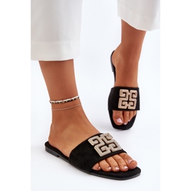 Chanclas de mujer de tacón plano con decoración, negro Inaile 6