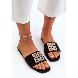 Chanclas de mujer de tacón plano con decoración, negro Inaile 7