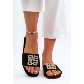 Chanclas de mujer de tacón plano con decoración, negro Inaile 9