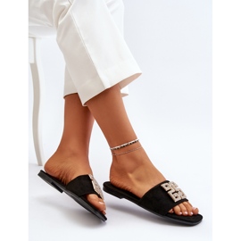 Chanclas de mujer de tacón plano con decoración, negro Inaile 1