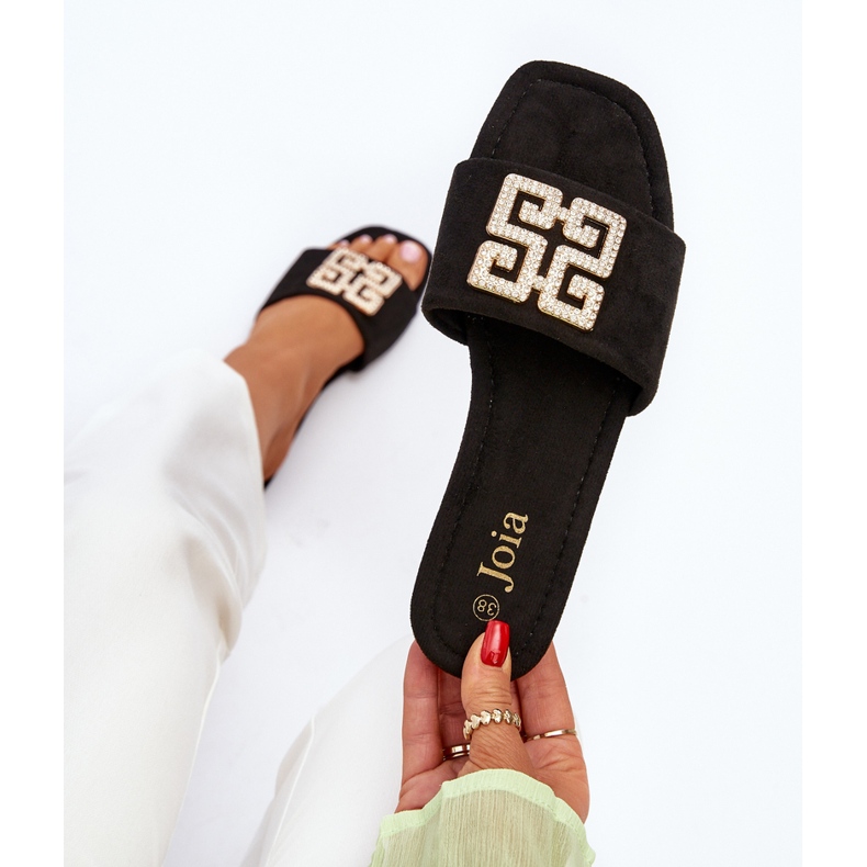 Chanclas de mujer de tacón plano con decoración, negro Inaile 2 Chanclas de mujer de tacón plano con decoración, negro Inaile 2