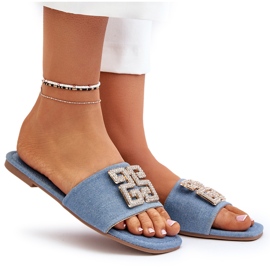 Chanclas de Mujer Vaqueras con Tacón Plano y Adorno, Azul Inaile 9