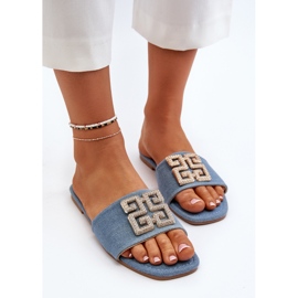 Chanclas de Mujer Vaqueras con Tacón Plano y Adorno, Azul Inaile 4
