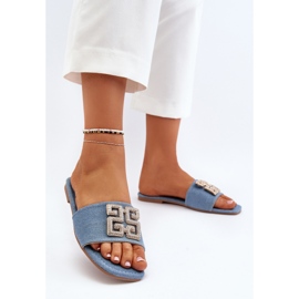 Chanclas de Mujer Vaqueras con Tacón Plano y Adorno, Azul Inaile 2