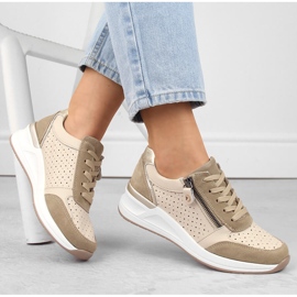 Zapatos deportivos con cuña para mujer en piel, beige, calados Filippo DP6011 5