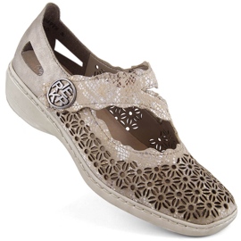 Zapatos mujer cómodos piel calada con velcro metalizado Rieker 413G4-90 beige 9