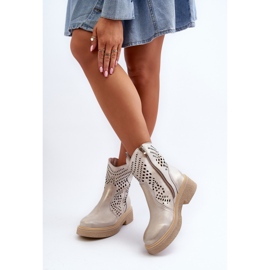 Zazoo 3470 Botines de Mujer de Piel con Tacón Plano, Dorado Calado, Cepillado 8