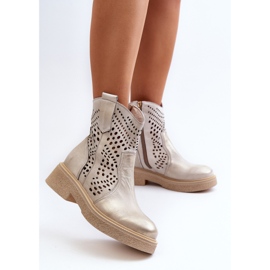 Zazoo 3470 Botines de Mujer de Piel con Tacón Plano, Dorado Calado, Cepillado 4