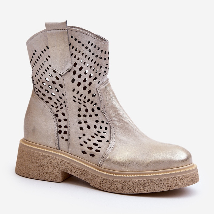 Zazoo 3470 Botines de Mujer de Piel con Tacón Plano, Dorado Calado, Cepillado 2