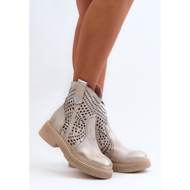 Zazoo 3470 Botines de Mujer de Piel con Tacón Plano, Dorado Calado, Cepillado 3