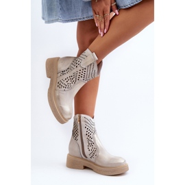 Zazoo 3470 Botines de Mujer de Piel con Tacón Plano, Dorado Calado, Cepillado 5