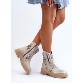 Zazoo 3470 Botines de Mujer de Piel con Tacón Plano, Dorado Calado, Cepillado 7