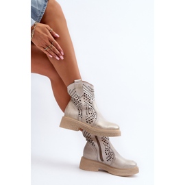 Zazoo 3470 Botines de Mujer de Piel con Tacón Plano, Dorado Calado, Cepillado 1