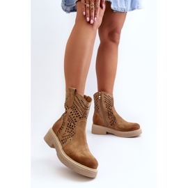 Zazoo 3470 Botas Mujer Ante Tacón Plano, Calado, Beige 5