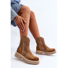 Zazoo 3470 Botas Mujer Ante Tacón Plano, Calado, Beige 2