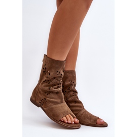 Zazoo 3437 Sandalias de ante para mujer con parte superior con cremallera color camel marrón 2
