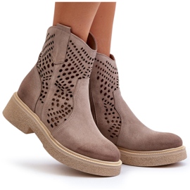 Zazoo 3470 Botas de mujer de ante con tacón plano capuchino calado beige 11