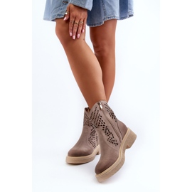 Zazoo 3470 Botas de mujer de ante con tacón plano capuchino calado beige 9