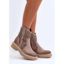 Zazoo 3470 Botas de mujer de ante con tacón plano capuchino calado beige 4