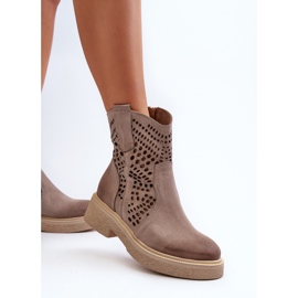 Zazoo 3470 Botas de mujer de ante con tacón plano capuchino calado beige 7