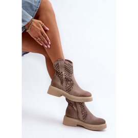 Zazoo 3470 Botas de mujer de ante con tacón plano capuchino calado beige 10