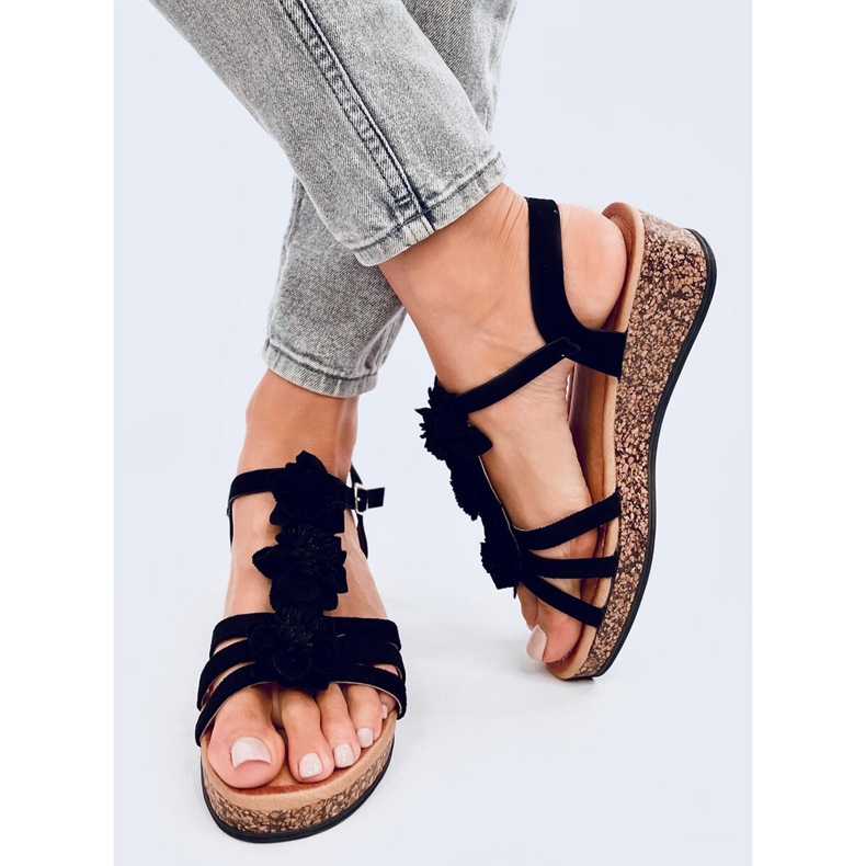 Fisken Sandalias cuña flores negras negro 1 Fisken Sandalias cuña flores negras negro 1